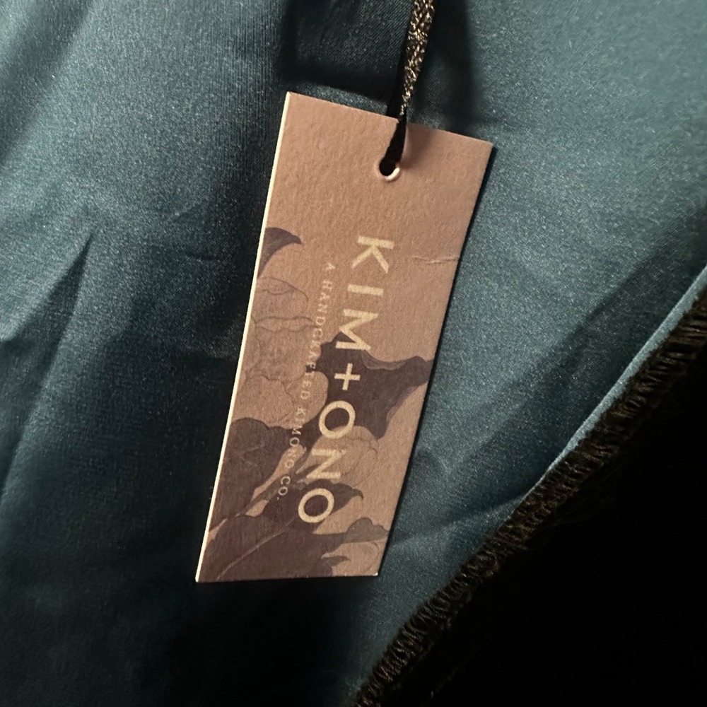 Kimono Ono Teal Floral Velvet Trim Long Kimono Robe - Picture 8 of 10